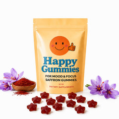 Happy Gummies frasco frontal mostrando etiqueta y cantidad, ideal para compra informada