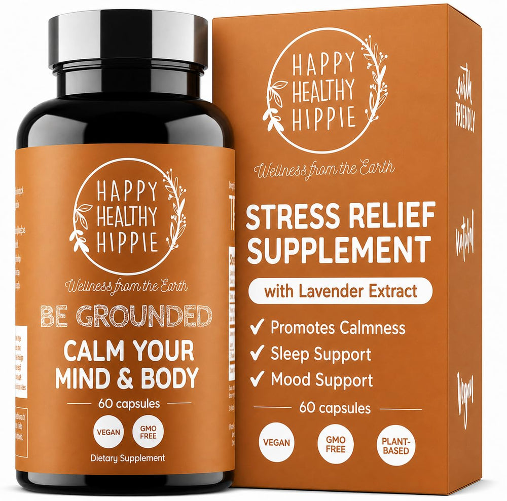 Happy Healthy Hippie frasco frontal mostrando etiqueta y beneficio calma