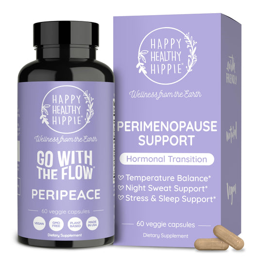 Happy Healthy Hippie frente del empaque mostrando apoyo perimenopausia
