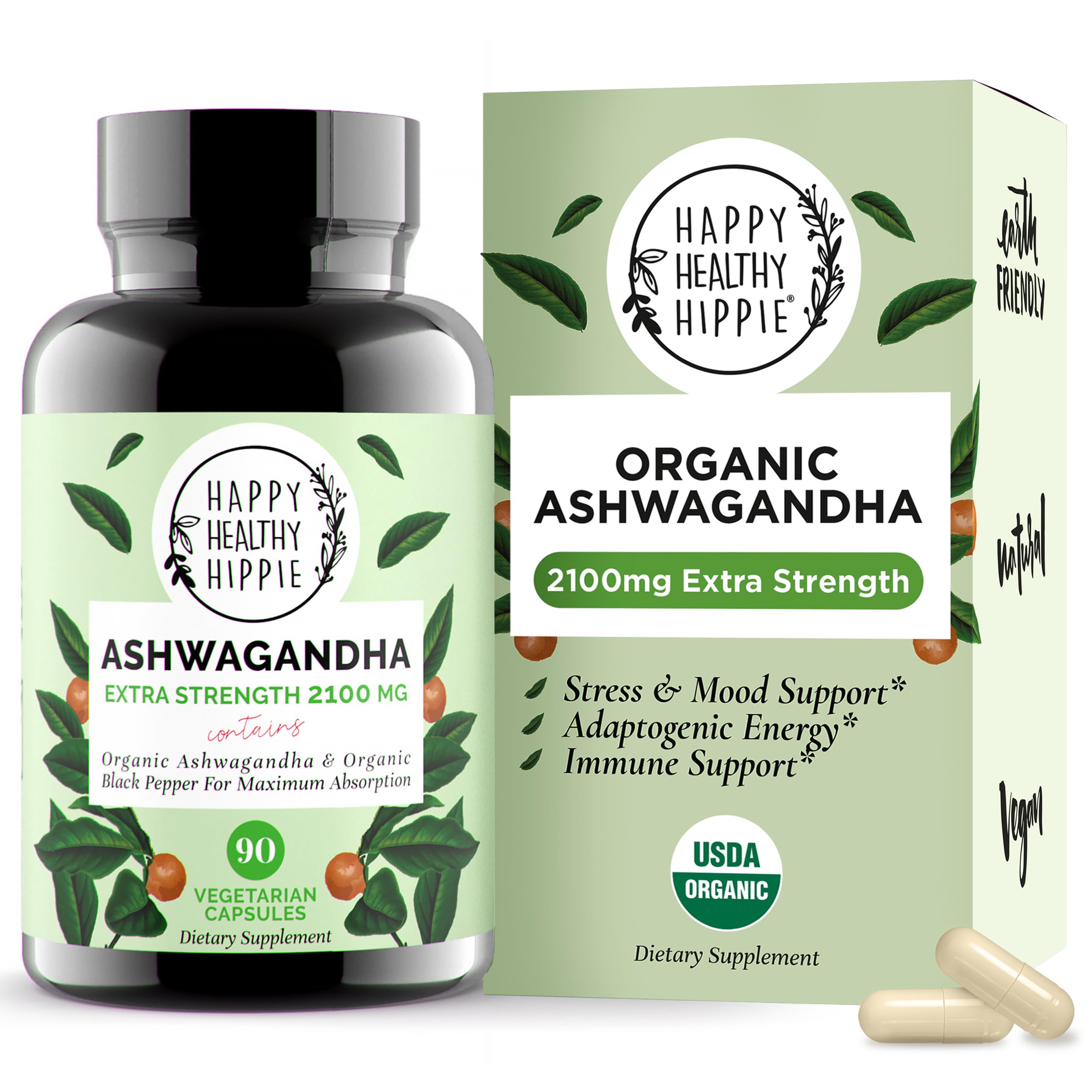 Happy Healthy Hippie frente del frasco mostrando cápsulas y beneficio de fuerza extra
