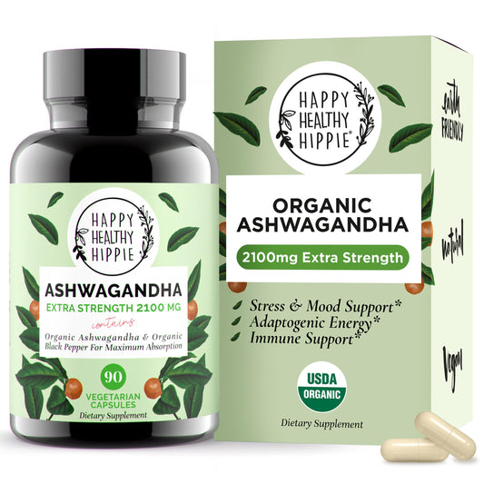 Happy Healthy Hippie frente del frasco mostrando cápsulas y beneficio de fuerza extra