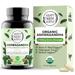 Happy Healthy Hippie frente del frasco mostrando cápsulas y beneficio de fuerza extra
