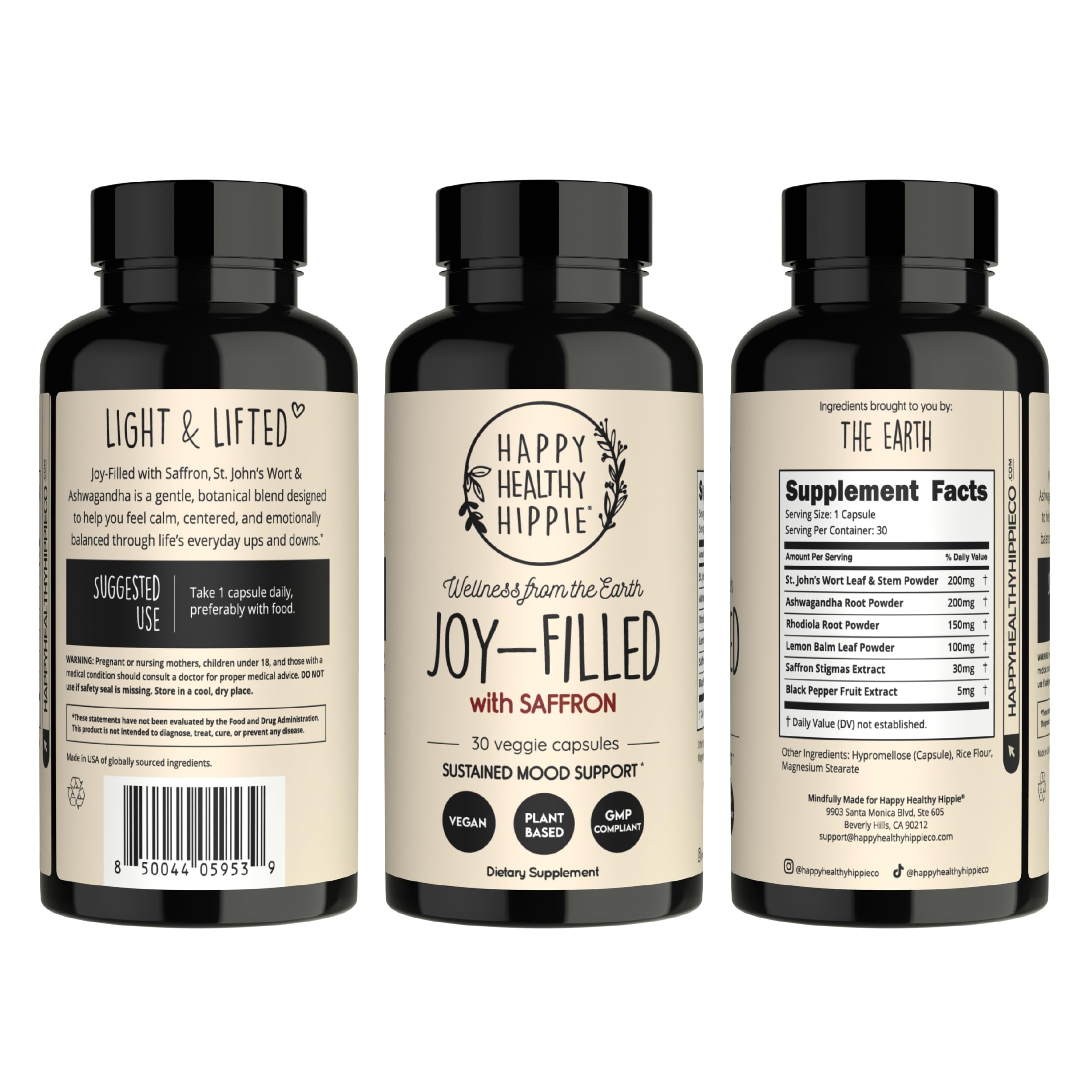 Sello GMP en envase Happy Healthy Hippie que comunica fabricación confiable