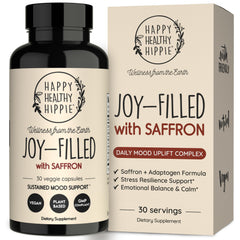 Happy Healthy Hippie frasco frontal que muestra fórmula vegana y beneficio de apoyo emocional