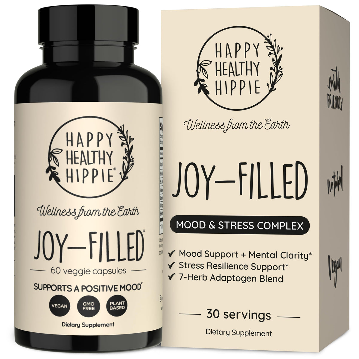 Happy Healthy Hippie frontal del envase mostrando diseño y beneficios