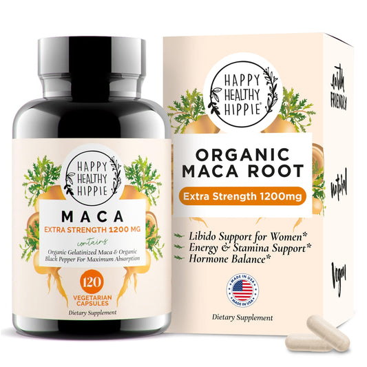 Happy Healthy Hippie frasco frontal mostrando 120 cápsulas y claridad del producto