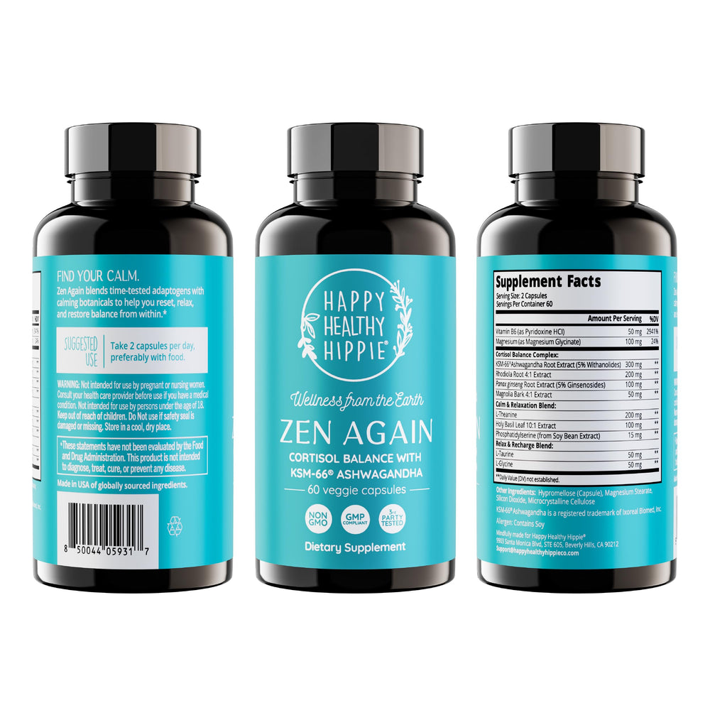 Happy Healthy Hippie envase junto a vela en ambiente nocturno para apoyo al sueño reparador