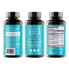 Happy Healthy Hippie envase junto a vela en ambiente nocturno para apoyo al sueño reparador