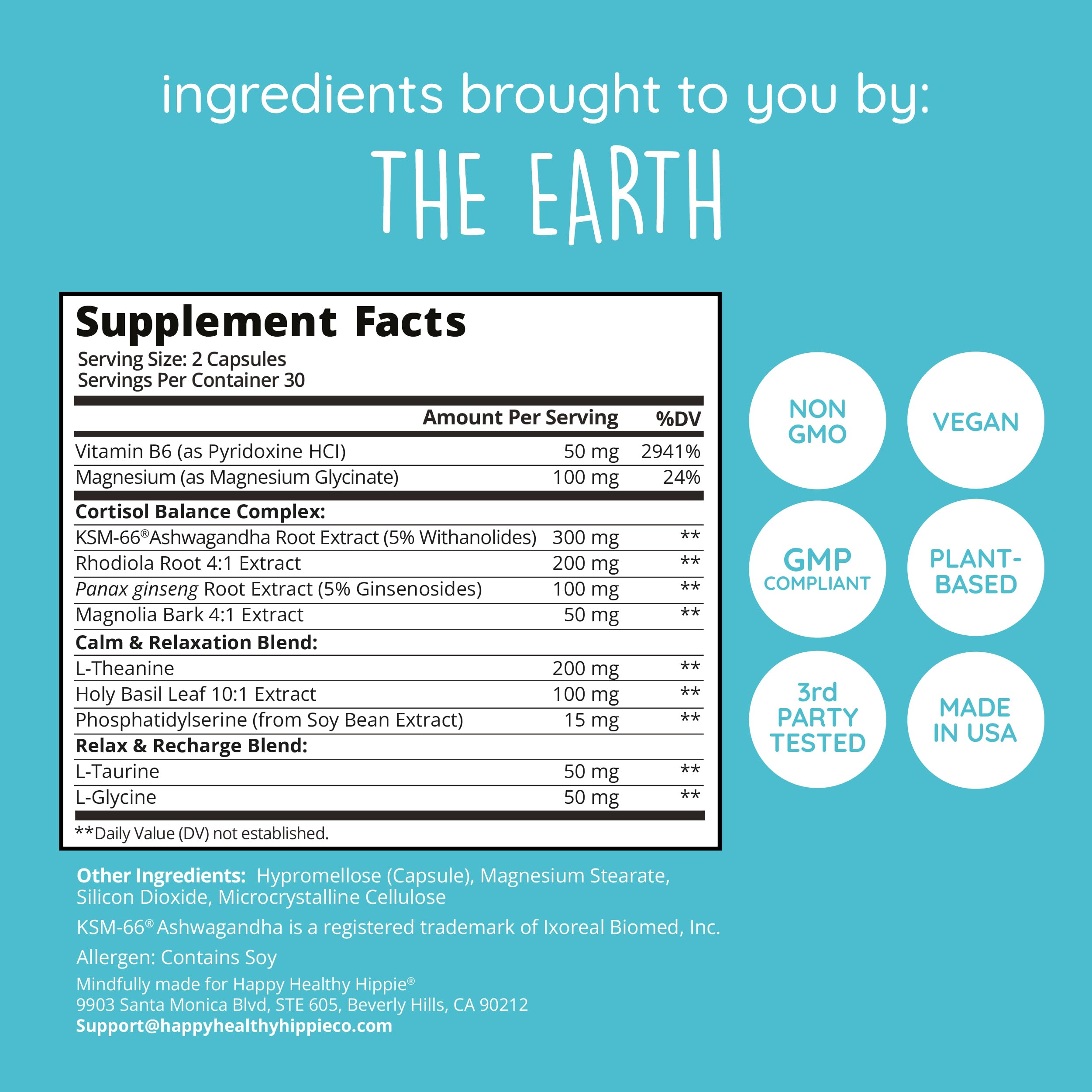 Happy Healthy Hippie etiqueta con lista de ingredientes y dosis completas para transparencia