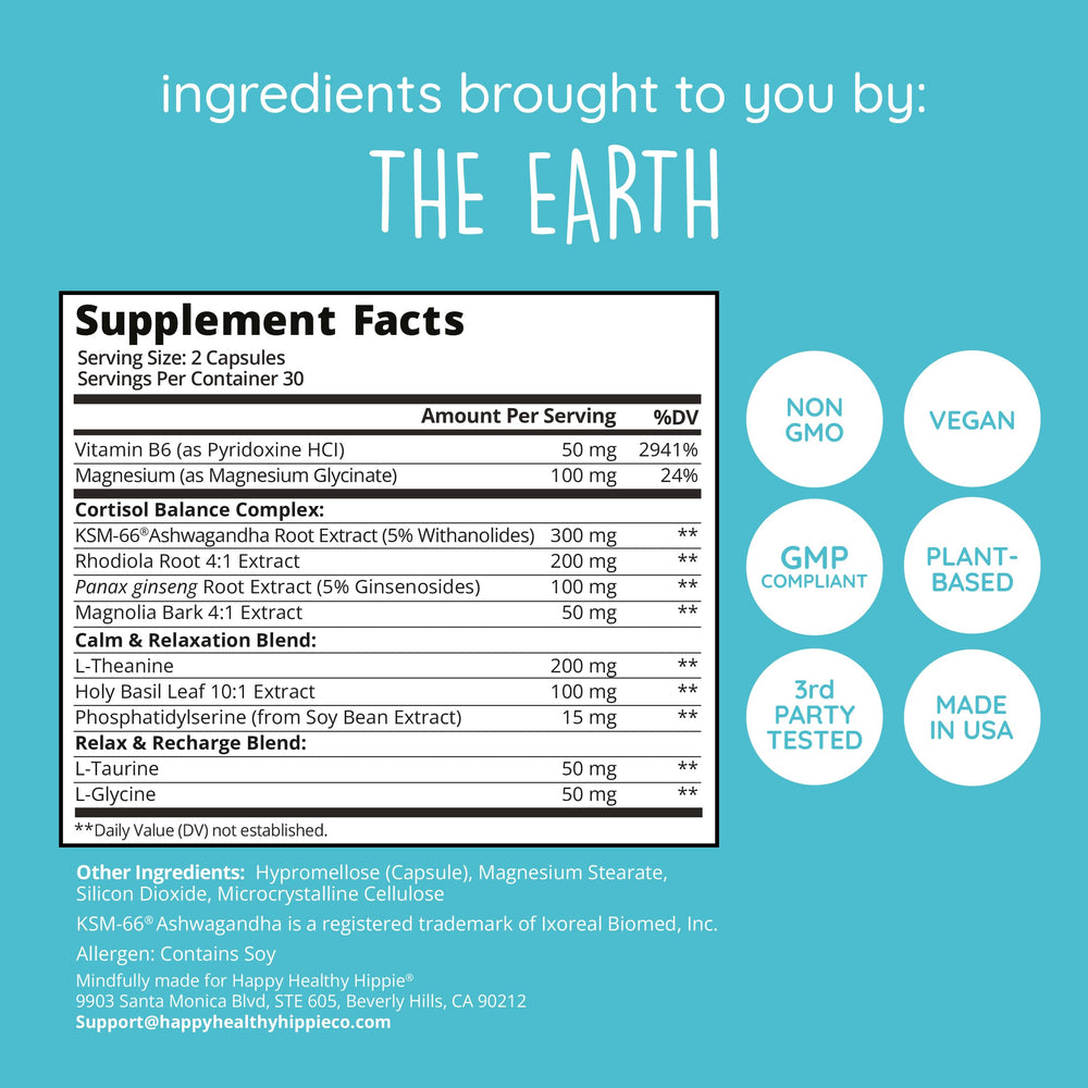 Happy Healthy Hippie etiqueta con lista de ingredientes y dosis completas para transparencia