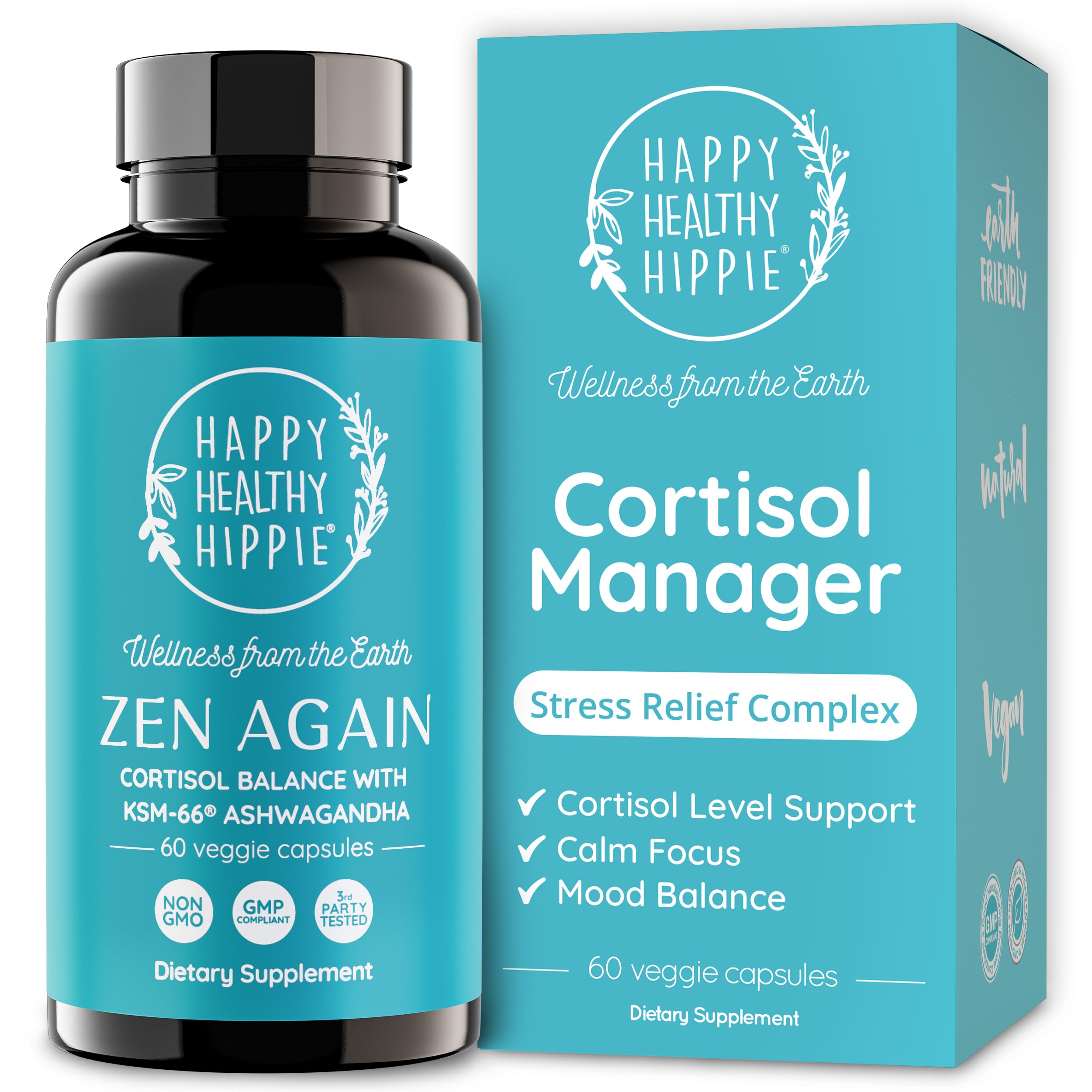 Happy Healthy Hippie frontal del empaque mostrando 60 cápsulas y beneficios declarados