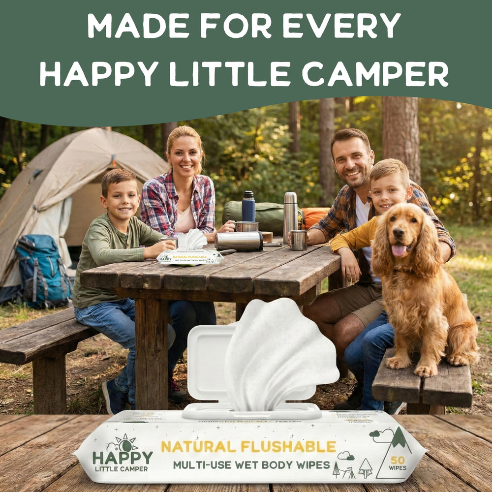Happy Little Camper toallitas en ambiente de camping, higiene sin agua