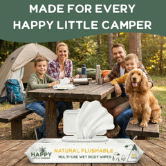 Happy Little Camper toallitas en ambiente de camping, higiene sin agua