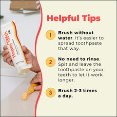 Happy Tooth tubo 4oz junto a objetos para indicar escala y uso diario