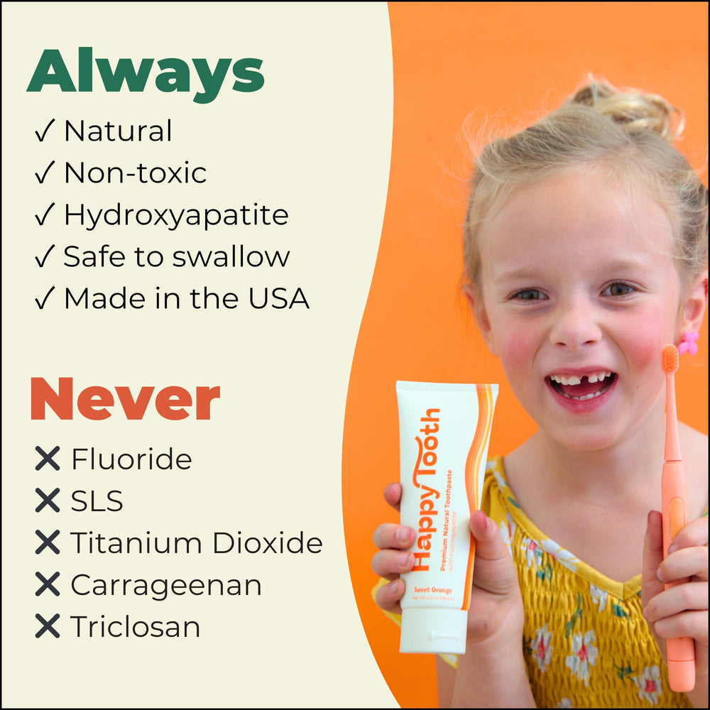 Happy Tooth etiqueta con 10% micro-hidroxiapatita, transparencia clínica clara