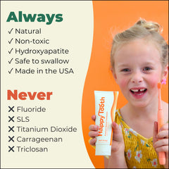 Happy Tooth etiqueta con 10% micro-hidroxiapatita, transparencia clínica clara