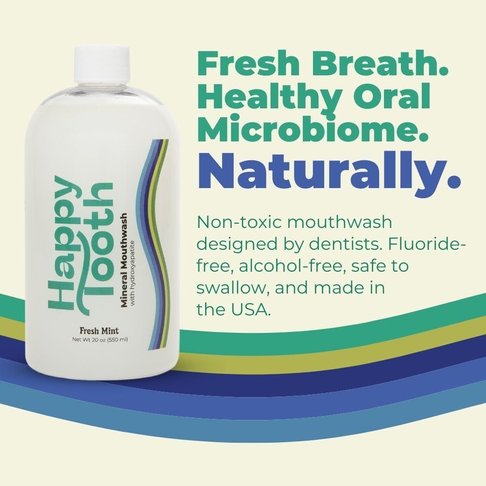 Close-up de textura del enjuague Happy Tooth resaltando suavidad mineral