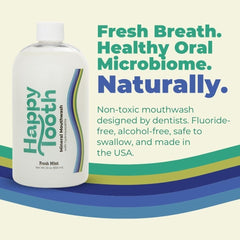 Close-up de textura del enjuague Happy Tooth resaltando suavidad mineral
