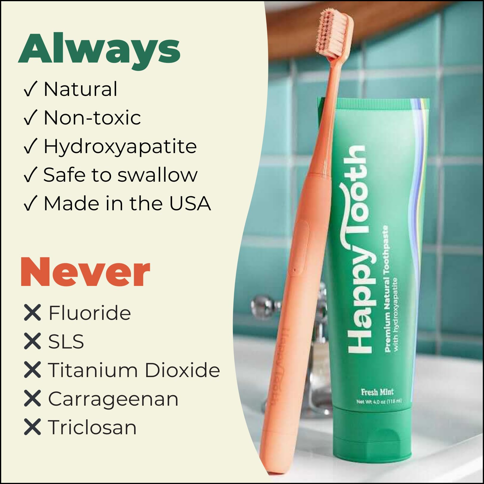 Happy Tooth envase abierto con sabor menta fresca listando ingredientes seguros