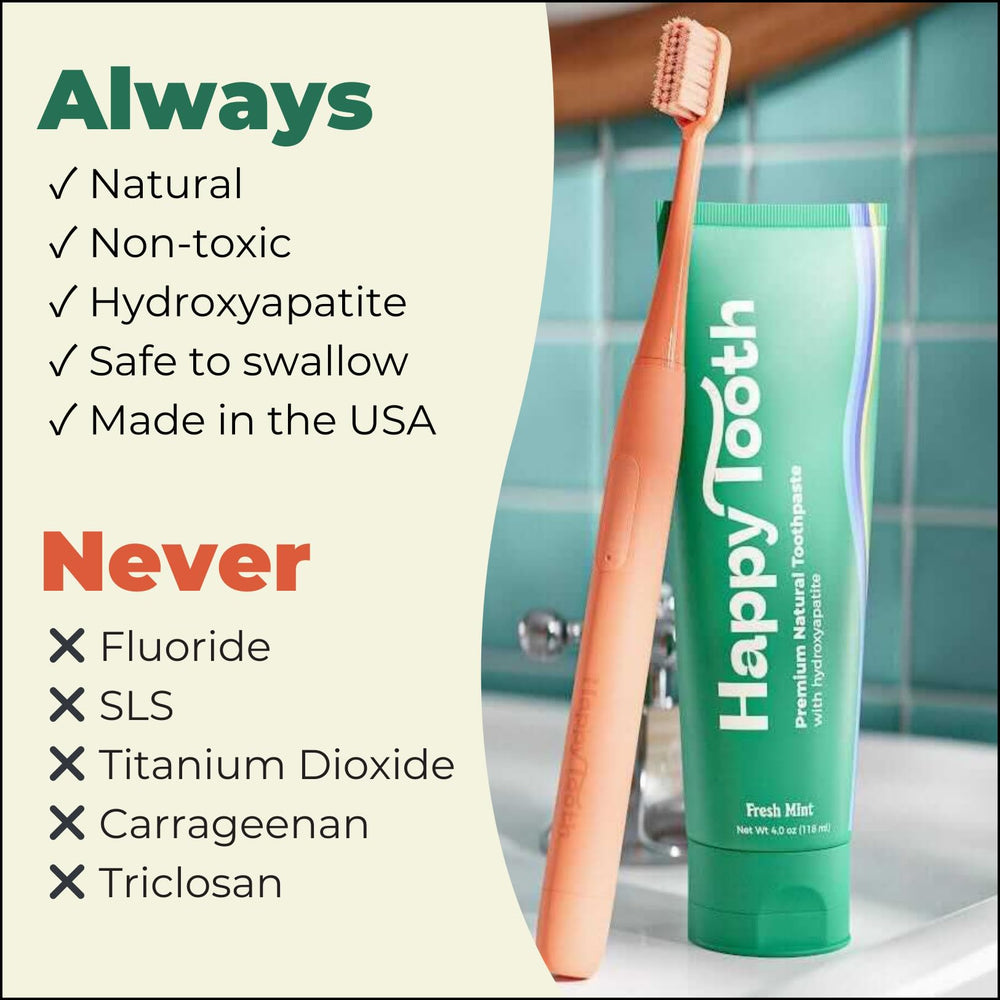 Happy Tooth envase abierto con sabor menta fresca listando ingredientes seguros