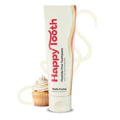 Happy Tooth frente del tubo 4oz que muestra la concentración y beneficio remineralizante