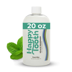 Happy Tooth botella frontal mostrando diseño y beneficio remineralizante