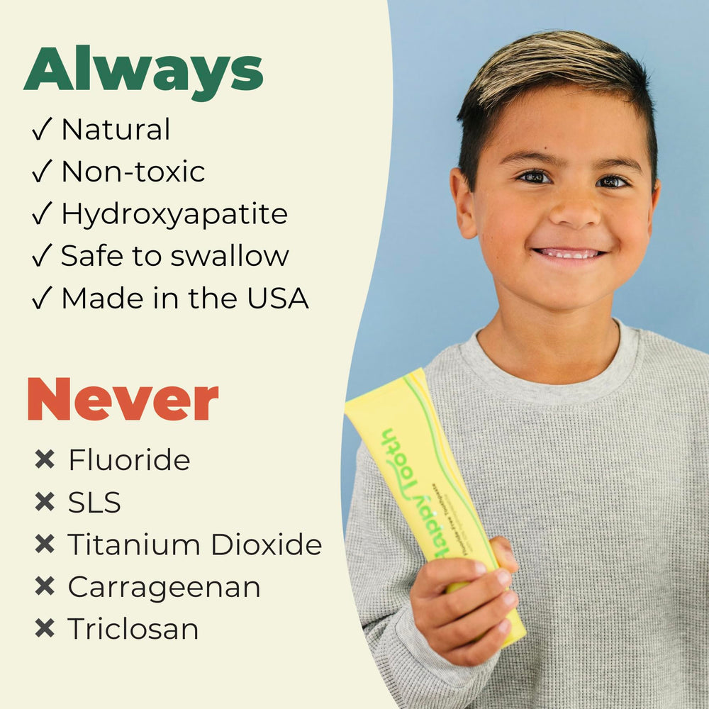 Happy Tooth tubo abierto con pasta visible y dosificación recomendada