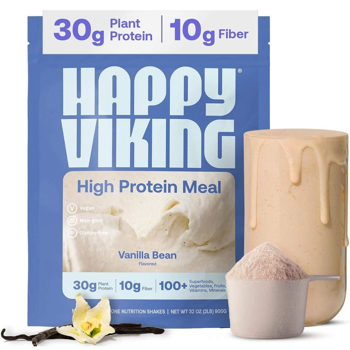 Happy Viking frente del empaque mostrando sabor vainilla y beneficios