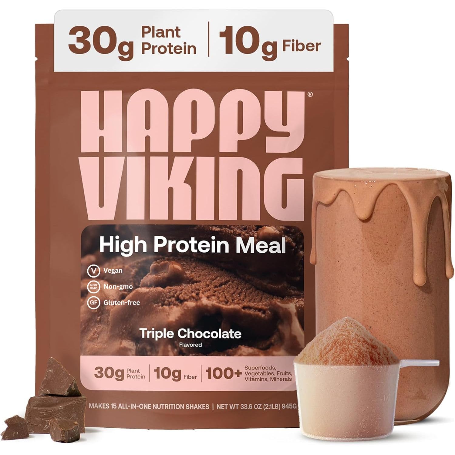 Happy Viking envase frontal que muestra etiqueta y beneficio de proteína vegana