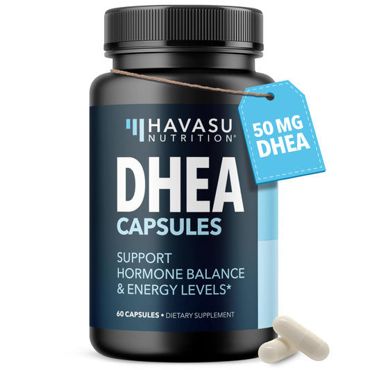 HAVASU NUTRITION DHEA 50mg bottle front with vegan formula for daily vitality
