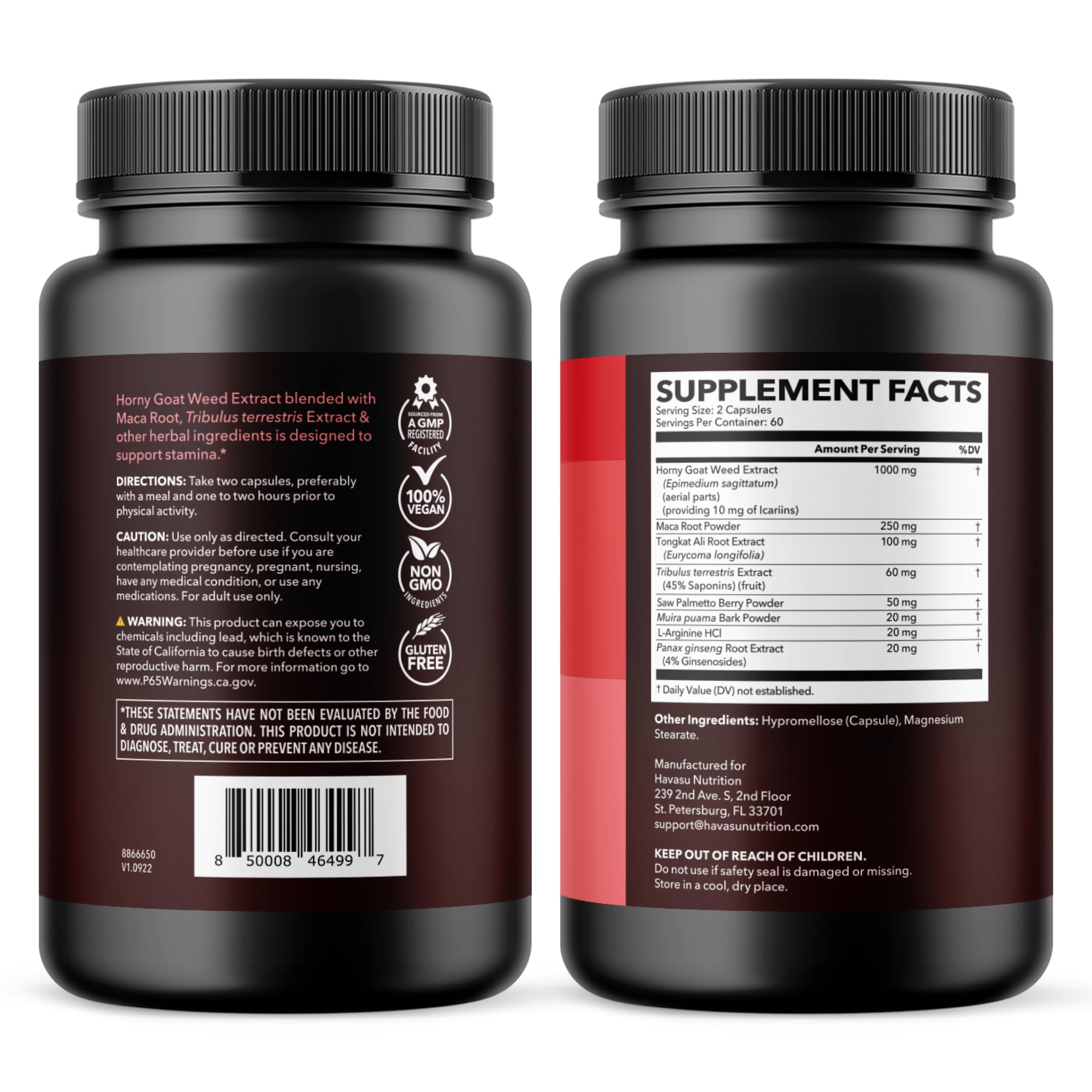 Comparación de tamaño HAVASU NUTRITION junto a objetos cotidianos para referencia