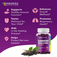 HAVASU NUTRITION Elderberry Gummies for Kids vegan formula highlighted on packaging.