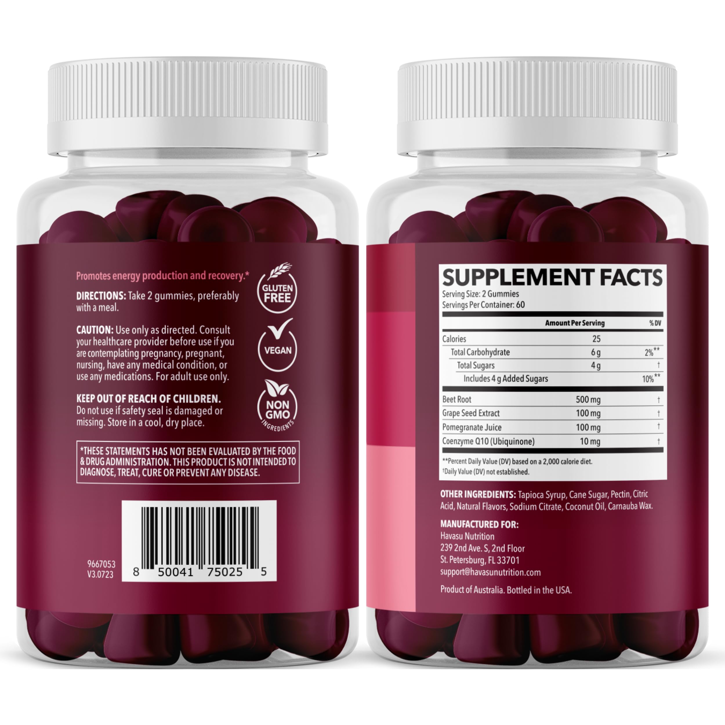 HAVASU NUTRITION envase lateral con información de dosificación y advertencias