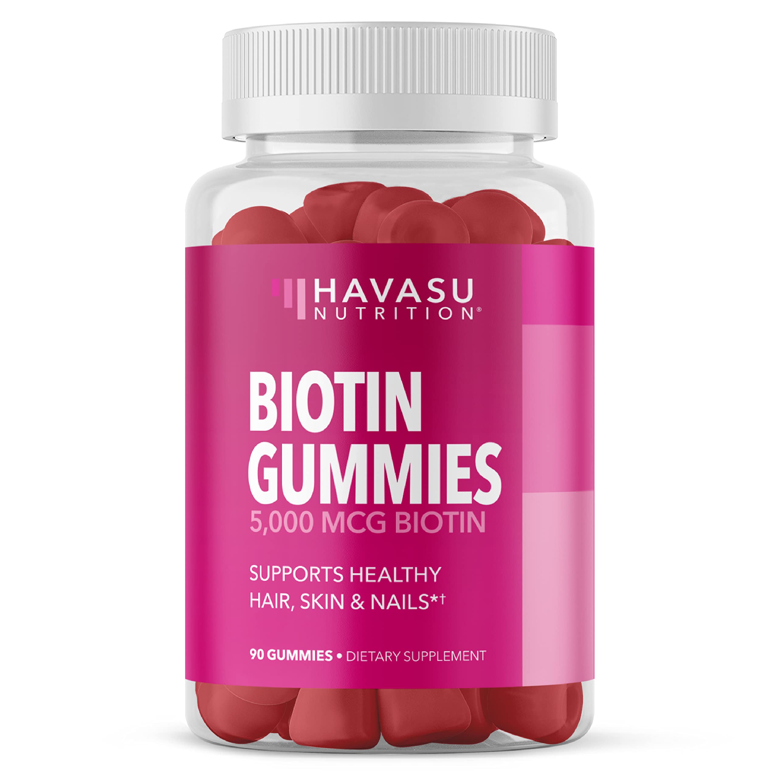Envase HAVASU NUTRITION Biotin 5000 mcg frente con 90 gomitas, presentación clara
