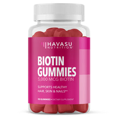 Envase HAVASU NUTRITION Biotin 5000 mcg frente con 90 gomitas, presentación clara