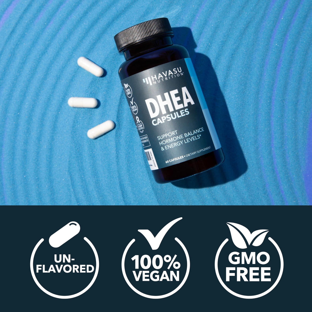 HAVASU NUTRITION frascos e ingredientes naturales sobre mesa, calidad