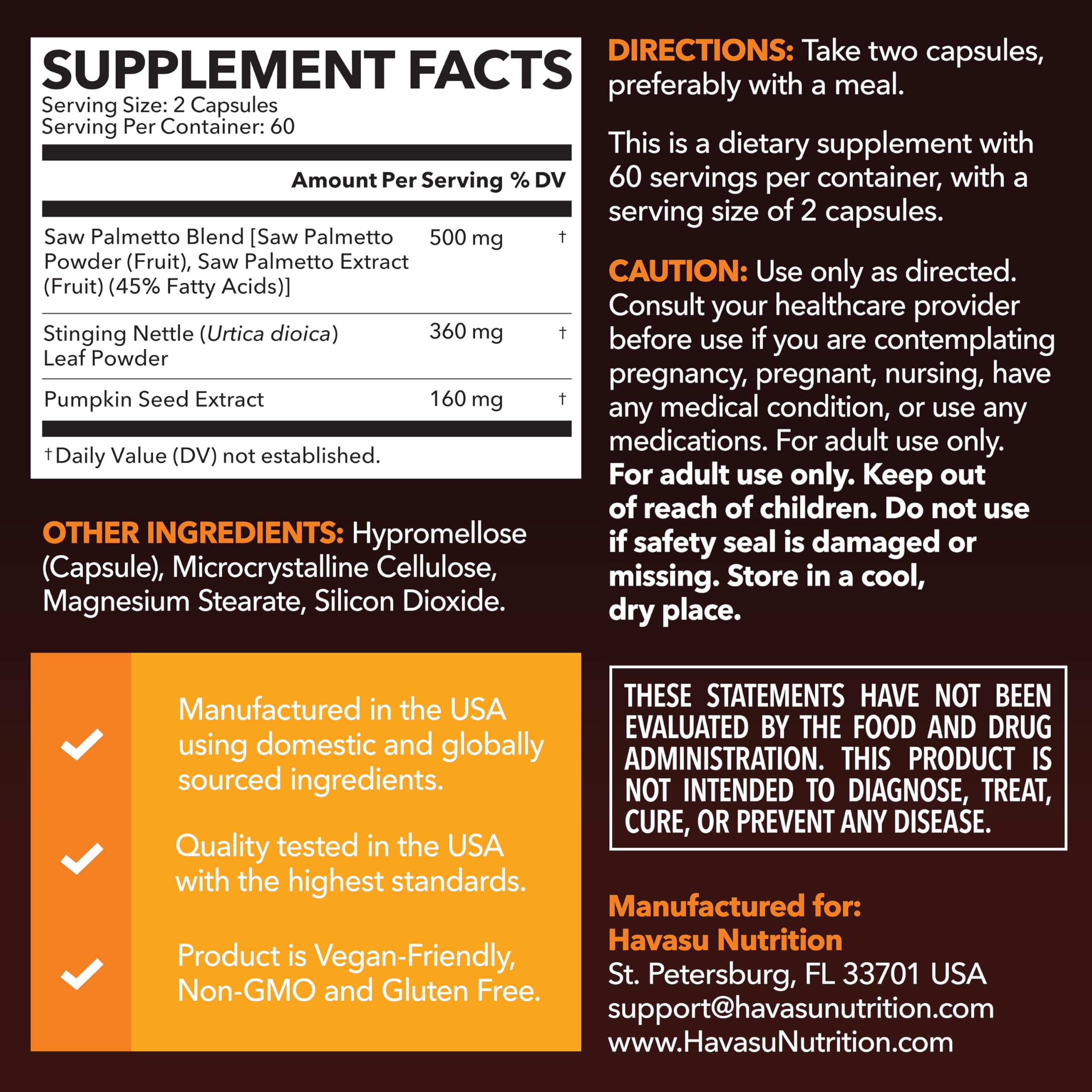 Capsulas de Saw Palmetto HAVASU NUTRITION en primer plano, fácil de tragar y veganas