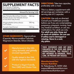 Capsulas de Saw Palmetto HAVASU NUTRITION en primer plano, fácil de tragar y veganas