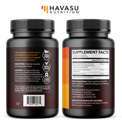 Frasco abierto de HAVASU NUTRITION Saw Palmetto mostrando cápsulas listas para uso