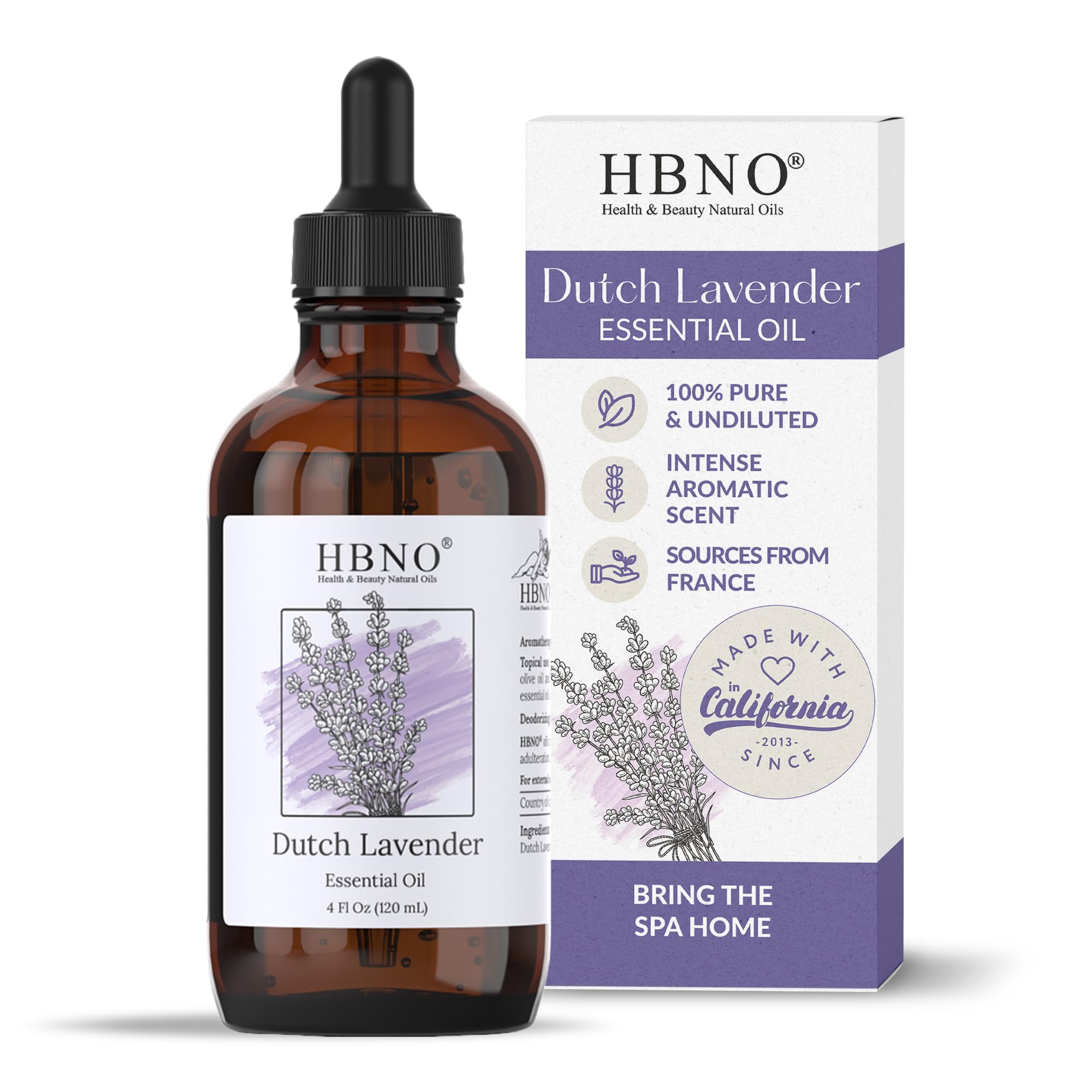 HBNO frasco frontal de lavanda con cuentagotas protegiendo aroma