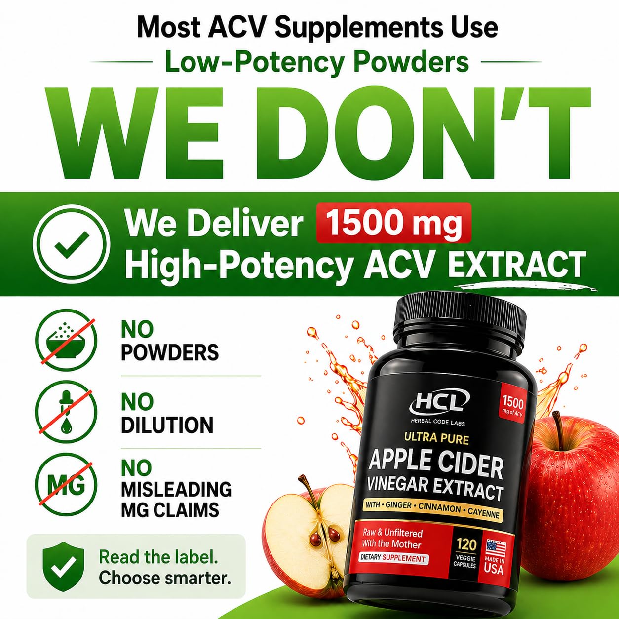 HCL HERBAL CODE LABS etiqueta con lista de ingredientes y pureza