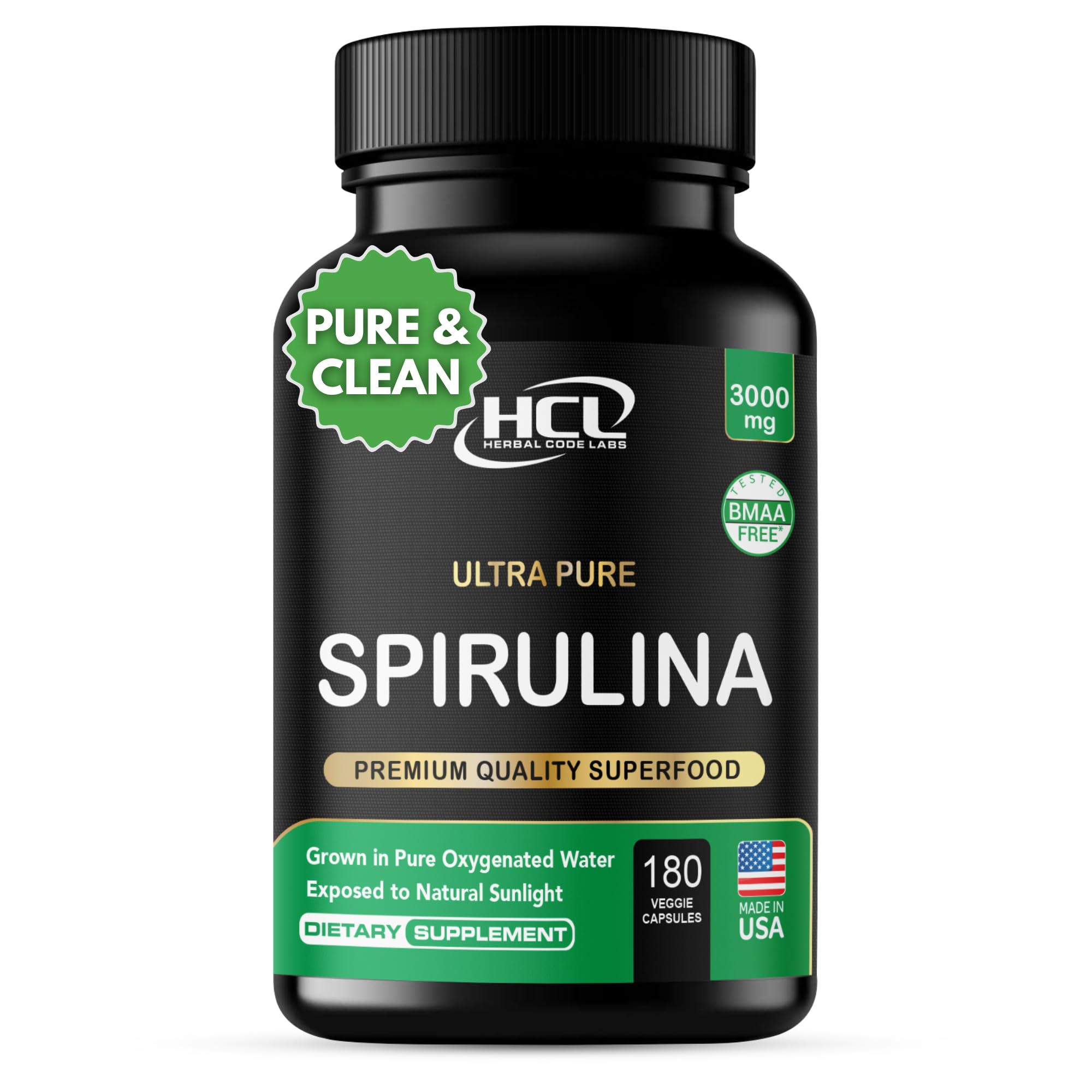 HCL HERBAL CODE LABS envase frontal mostrando 180 cápsulas y beneficio de pureza