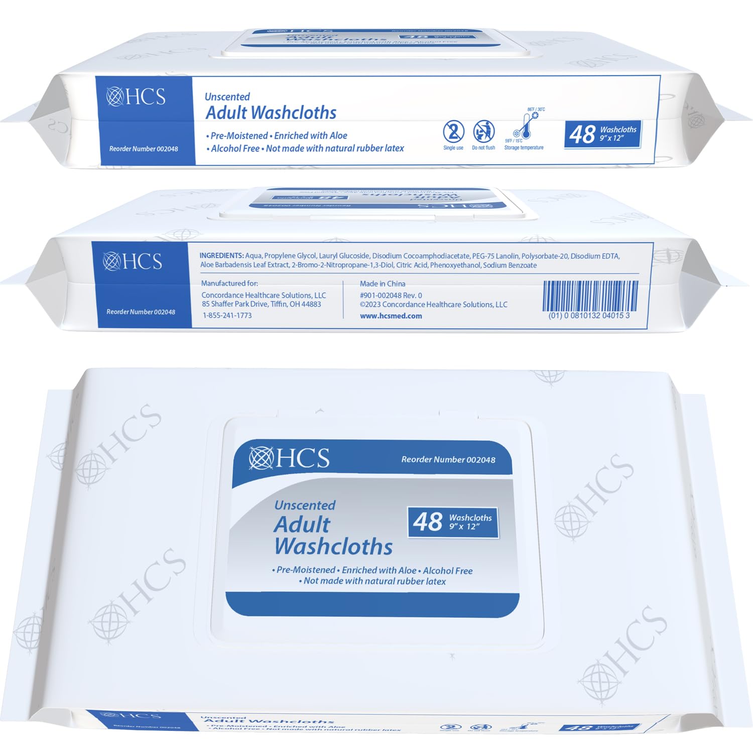 HCS MEDICAL SOLUTIONS paquete abierto mostrando varias toallitas listas para usar
