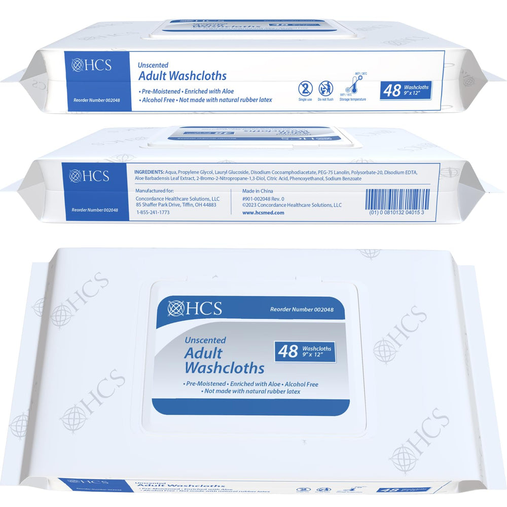 HCS MEDICAL SOLUTIONS paquete abierto mostrando varias toallitas listas para usar
