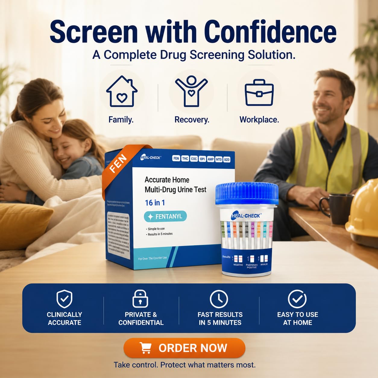 HEAL-CHECK prueba en uso por adulto demostrando procedimiento sencillo