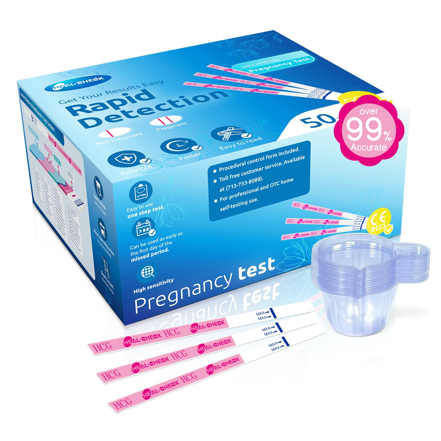 HEAL-CHECK frente del paquete de 50 tiras mostrando cantidad y marca