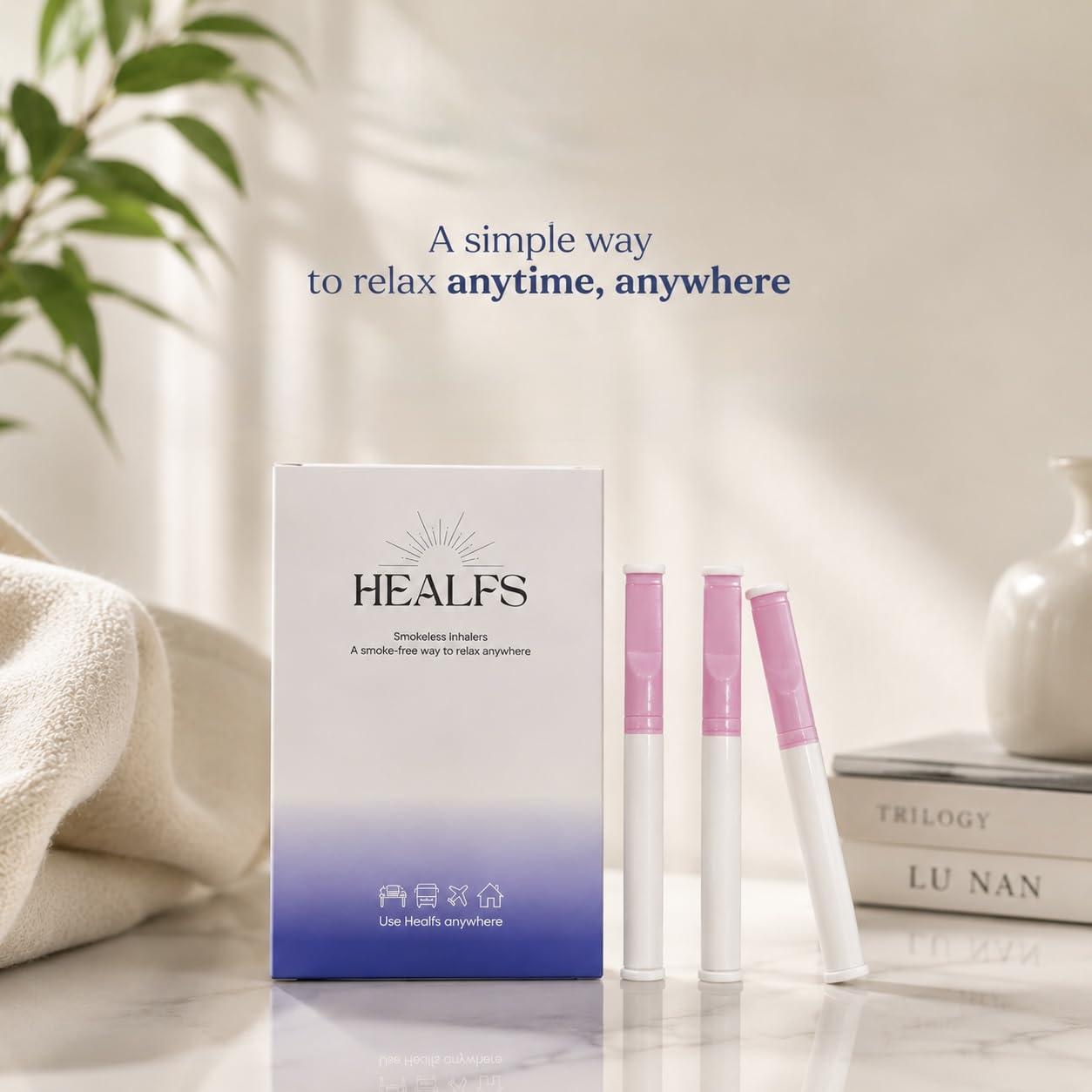 Healfs embalaje abierto con los tres inhaladores, listo para usar sin recarga
