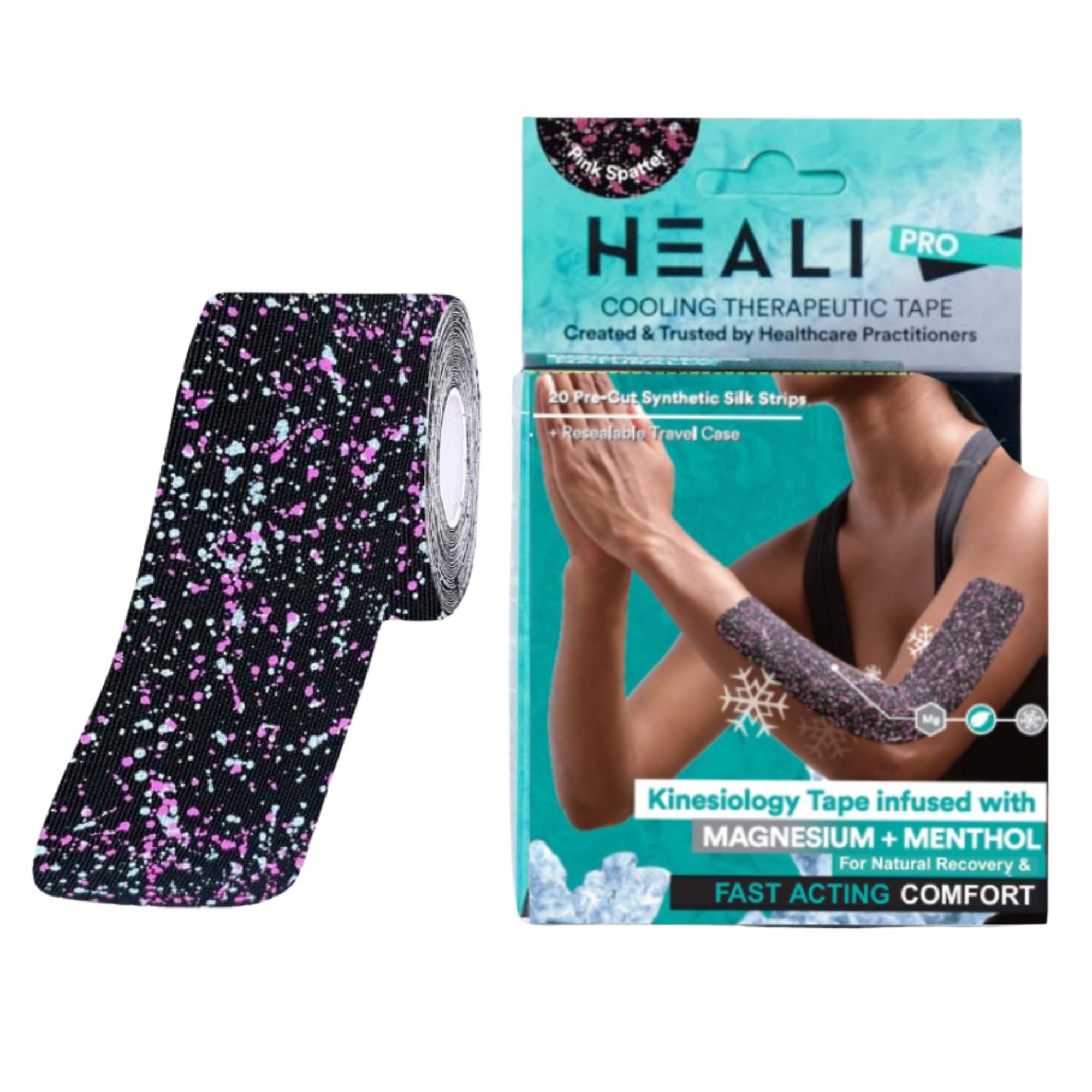 INNOVATIONS BY HEALI empaque frontal rosa salpicado, muestra contenido profesional