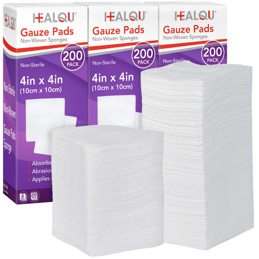 Healqu empaque frontal mostrando 3 bolsas de 200 gasas, ahorro inmediato