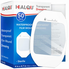 Healqu empaque frontal mostrando 50 apósitos, almacenamiento práctico